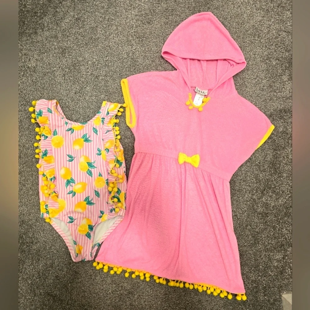 Nicole Miller New York Girls Size 6 Bathing Suit & Cover Up Pink Lemons Pom Poms